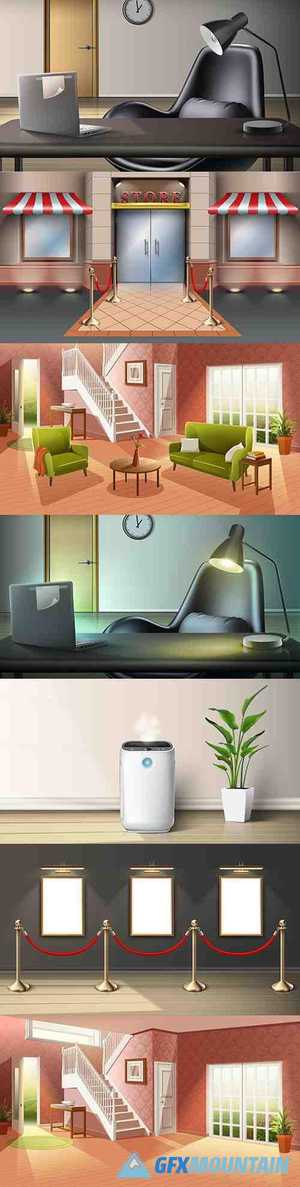 Room with interior and flowers realistic illustrations