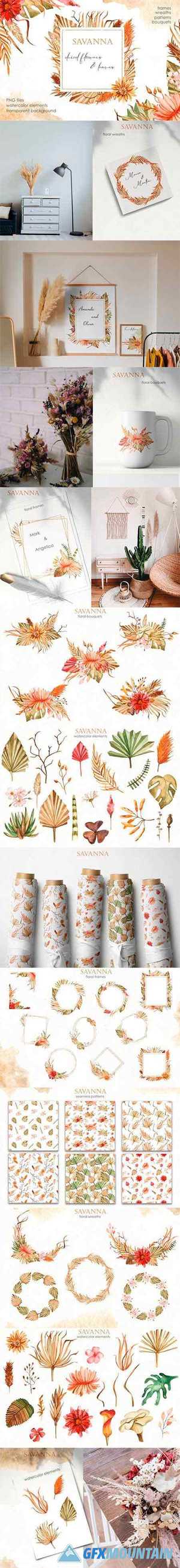Watercolor Savanna dried flowers and leaves