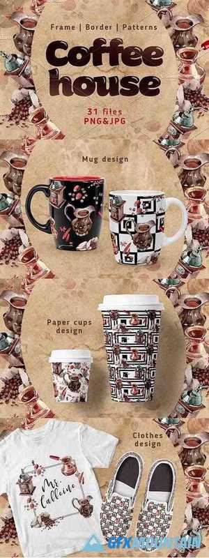 Coffee House PNG Watercolor Set 4755902