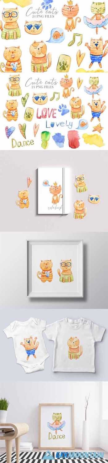 Watercolor cute cats clipart. Cat illustration