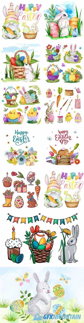 Happy Easter collection of watercolor illustrations and elements