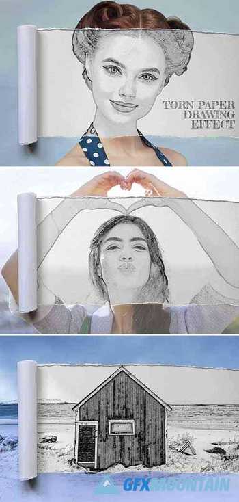 Torn Rolled Paper with Pencil Drawing Photo Effect Mockup