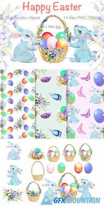 Easter watercolor clipart, easter cute bunny 