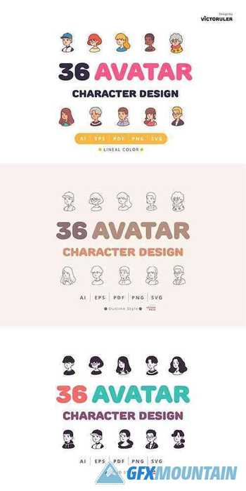 108 Avatar Character Design 3 Style Icons Pack
