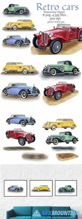 Retro cars watercolor clipart, vintage car .Fathers gift