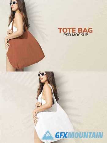 Brown tote bag mockup psd ready for the beach