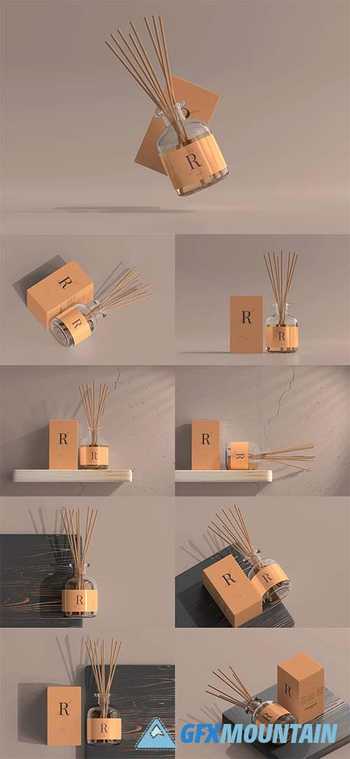 Incense air freshener reed diffuser glass bottle with box mockup