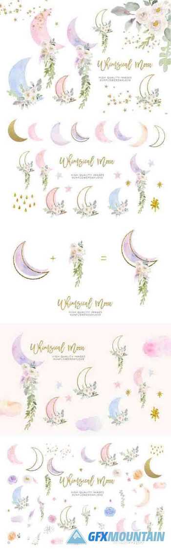 Moon Clouds Stars clipart, Greenery Gold Glitter Whimsical - 1243212