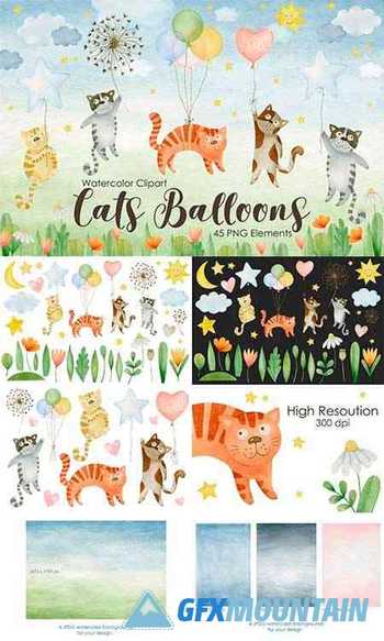 Watercolor Cats Balloons Clipart - 1362551