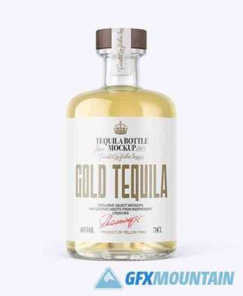 Gold Tequila Bottle with Wooden Cap Mockup