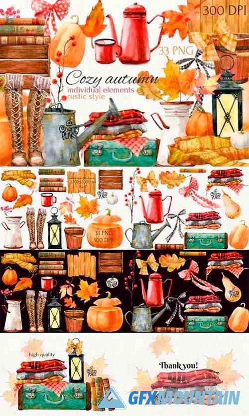 Cozy Autumn. Watercolor Fall Clipart Bundle