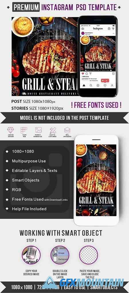 Grill & Steak House Restaurant Delivery PSD Instagram Post and Story Template