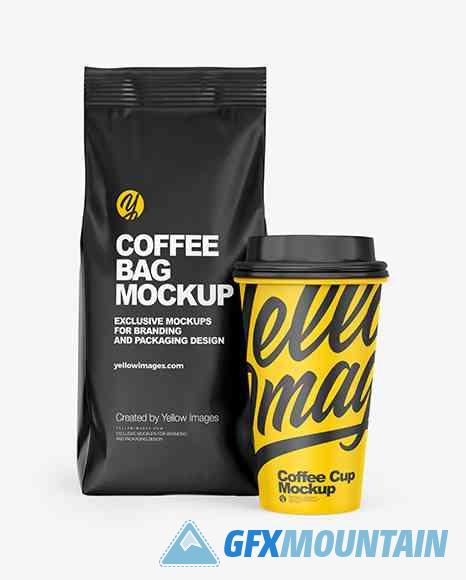 Matte Coffee Bag with Cup Mockup - Front View
