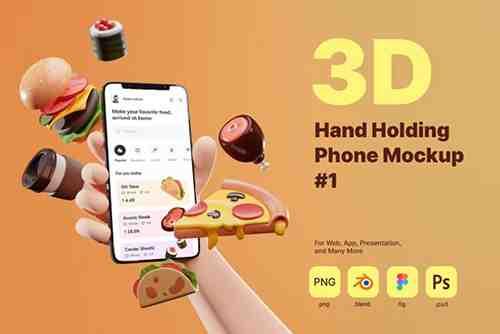 3D Hand Holding Phone Mockup for Food Industry