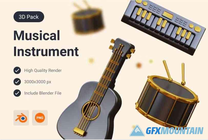Acoustic Guitar, Drum & Piano 3D Illustration