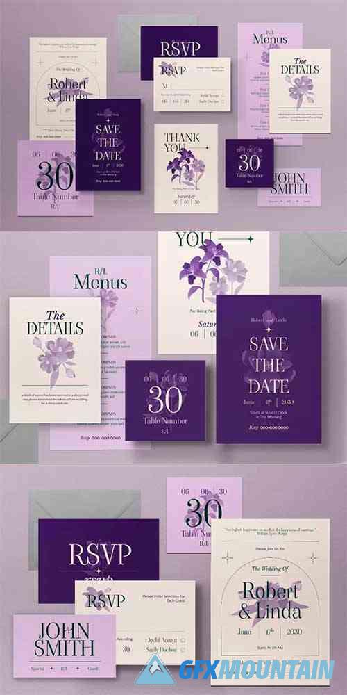 Purple Minimalist Elegant Wedding Invitation Set