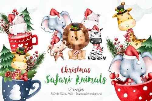 Watercolor Christmas Safari Animals Clipart