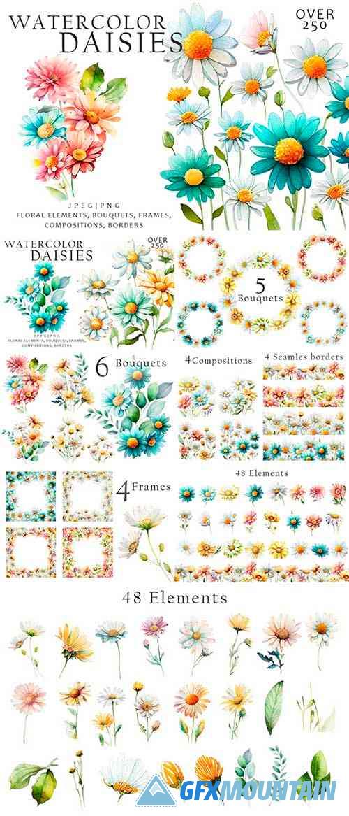 Watercolor Daisies Flowers Clipart