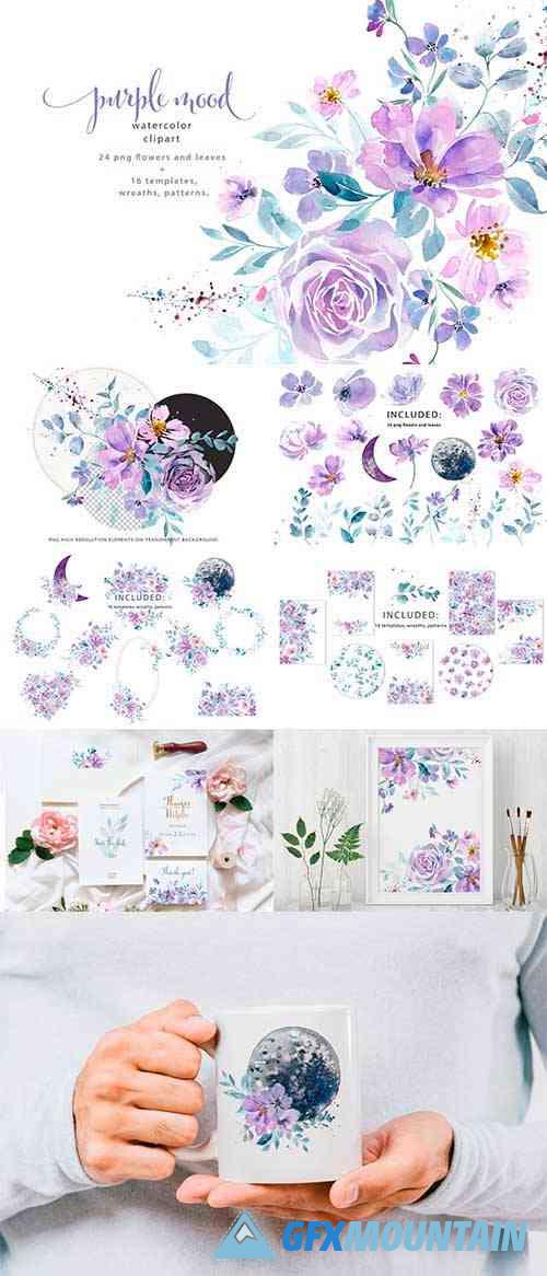 Watercolor flowers and leaves pak design elements