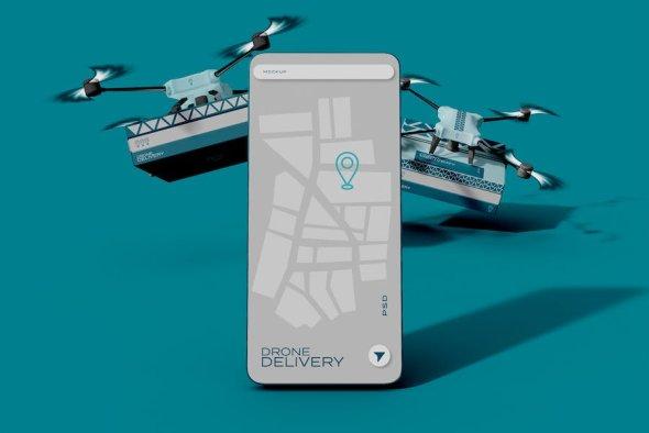 Delivery Drone and Smartphone App Mockup
