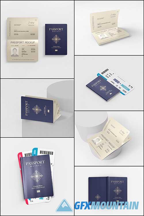 Open Passport and Cover Realistic Psd Mockups Set