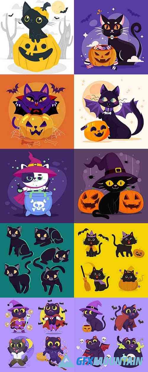 Hand-drawn Flat Halloween Cats Illustrations