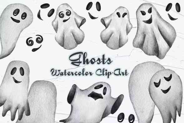 Ghosts Watercolor Clipart. Halloween Clipart
