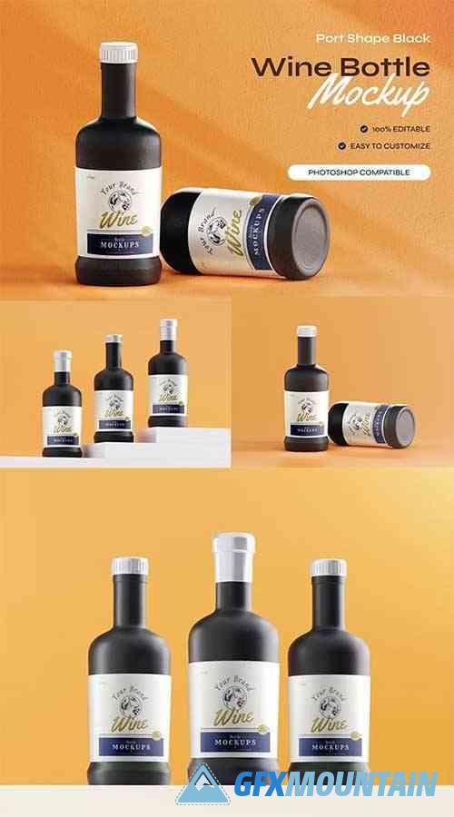 Port Shape Black Wine Bottle - Product Mockups