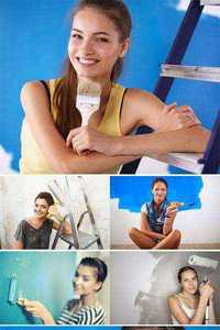 Stock Photo Beautiful young woman doing wall painting, standing near ladder 