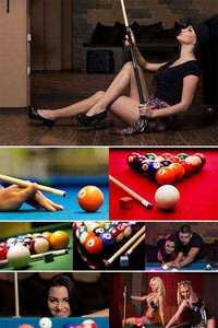 Stock Photo Young woman playing billiard, Billards pool game 