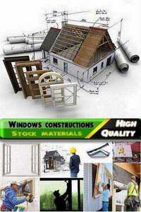 Windows constructions and elements and workers put in new windows of two double-glazed windows Stock images