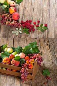 Top of assortment of fruits in box on wooden table with space for text