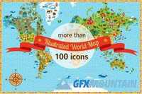 World Map with more than 100 icons
