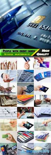 People with credit cards in hands, trading, web sale, bank, business advertising Stock images