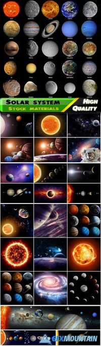 Solar system and the Milky Way - sun, mercury, venus, earth, moon, mars, jupiter, saturn, uranus, neptune, pluto, vesta, tethys, callisto, europa, io, titan, mimas, ganymede, triton, phobos, deimos, dione, rhea, iapetus Stock images
