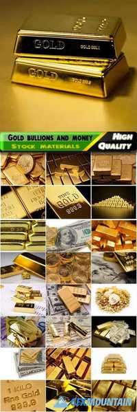 Gold bullions and money with coins, fine gold 999,9 , dollars, happiness businessman Stock images