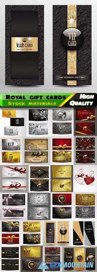 Royal gift cards with luxury gold backgrounds with patterns, gold elements and ribbons, business cards in vector from stock