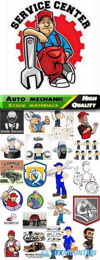 Garage auto mechanic logotypes and car repair emblems, service center, workers clothed in uniform in vector from stock