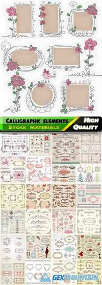 Calligraphic design and floral elements for page decorations, cute hand drawn frames with flowers, dividers, vintage borders in vector from stock