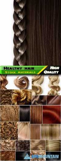 Texture and macro shot of female healthy shiny straight and curly locks of hair, blonde, brunette, redhead hairstyle Stock images