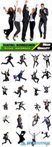 Entrepreneurs are in a hurry and run, businessmen rejoice success or victory, people in business suits jumping for joy on a white background isolation Stock images