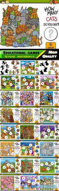 Logical and educational interesting games with animals - dogs cats pigs ships rabbits cows fish monkeys birds kids elephants cowes for kids - puzzles and how many in vector from stock