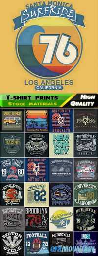 T-shirt prints for fashion or clothes design with skulls, motorcycles and summer beaches with palm trees, command player numbers, nyc in vector from stock