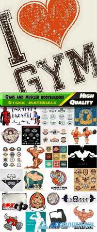 Emblems for gyms and muscled bodybuilders, crossfit, elite fitnes athletics, helty body and beautiful figure, sports exercises, weights, dumbbells, fitness equipment in vector from stock