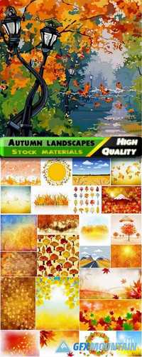 Autumn landscape with golden leaves and trees in vector from stock