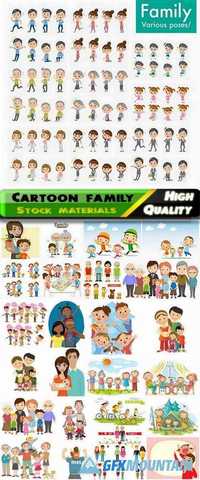 Cartoon illustration of a happy family - mom, dad, grandma, grandpa, baby, kids, children in vector from stock