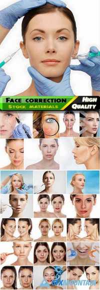 Correction face with makeup and medicine, woman, girls before and after Stock images