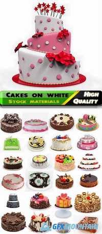 Creative decorated with cream and chocolate, sweet cakes isoladed on white backgrounds Stock images