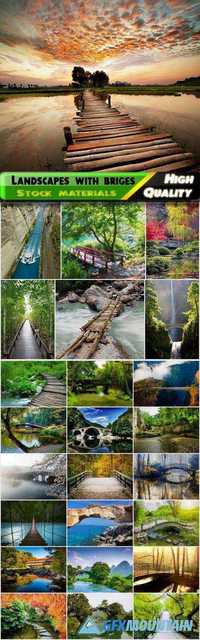 Nature landscapes with briges and mountain rivers, waterfalls, forests Stock images