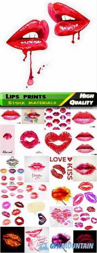 Beautiful grunge watercolor red and pink lipstick prints of female lips in vector from stock